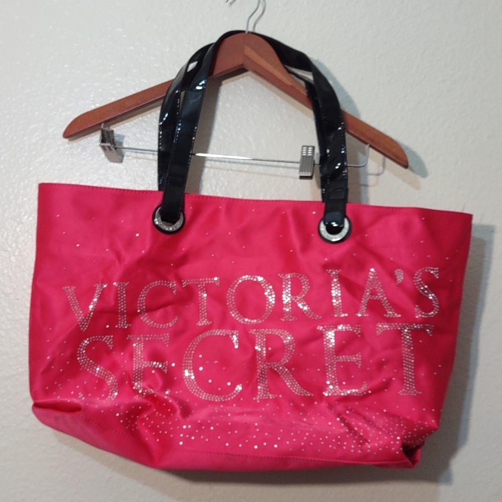 USED VICTORIA SECRET PINK SATIN TOTE WITH FAKE CRYSTALS